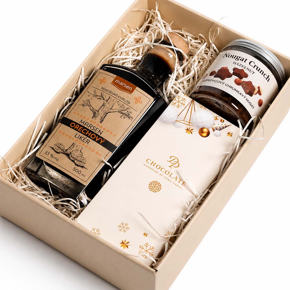 Vianoce - Darčekový box Nougat Crunch, Tabuľka dvojvrstvá s posypom & Orechový likér