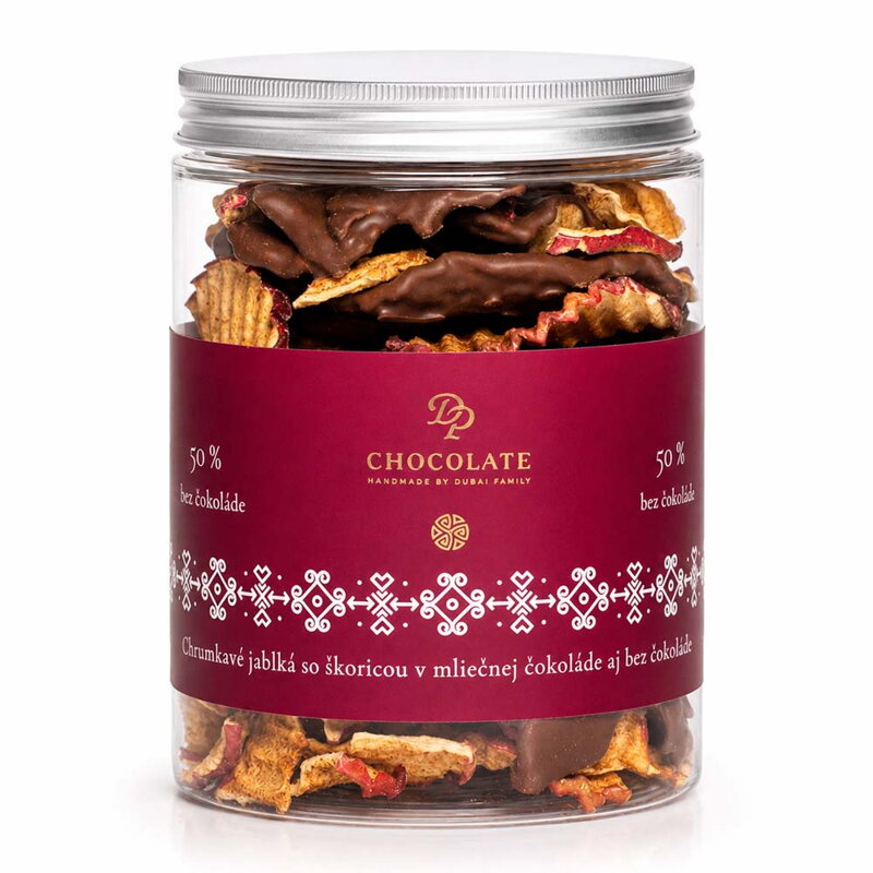 SK Sušené jablká macerované so škoricou v mliečnej čokoláde aj bez čokolády (180g)