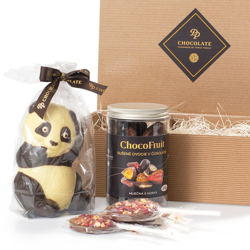 Darčekový box – PANDA, ovocie v čokoláde a lízanky (310g)