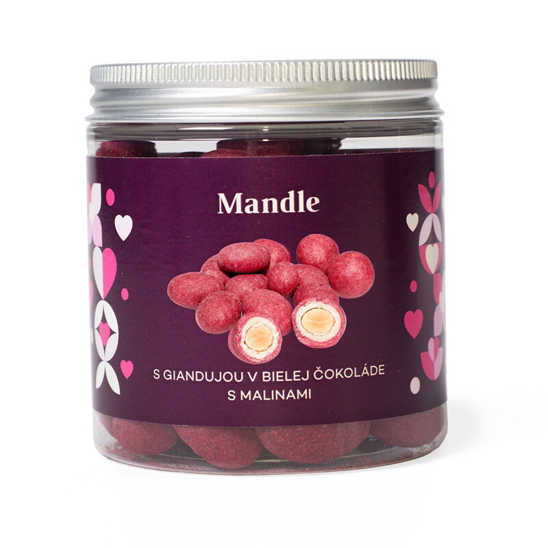 Mandle s malinovou giandujou v bielej čokoláde s malinami - Love (150g)